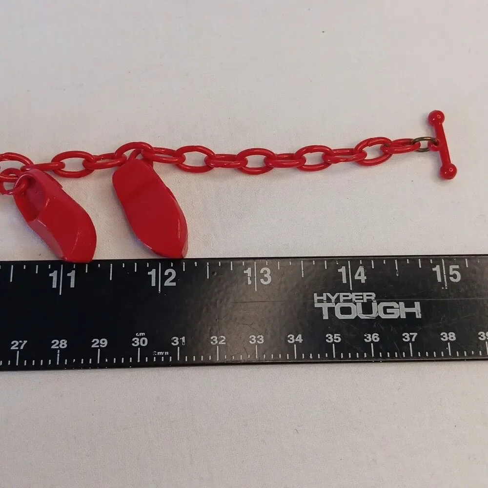 1930s-1940s Red Celluloid Clog Necklace Choker Plastic Whimsical 15in Red Shoes